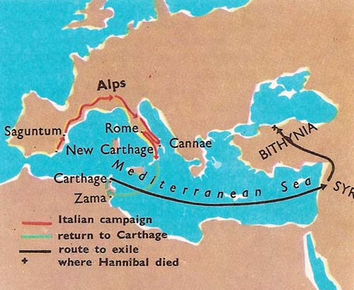 Route of Hannibal's campaign in Italy and his journey into exile
