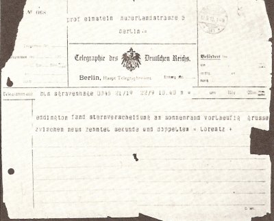 Telegram from Lorentz to Einstein