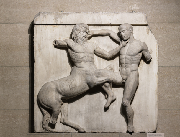 Stone carving from the Parthenon in Athens showing a centaur (left) fighting a lapith (a legendary human)