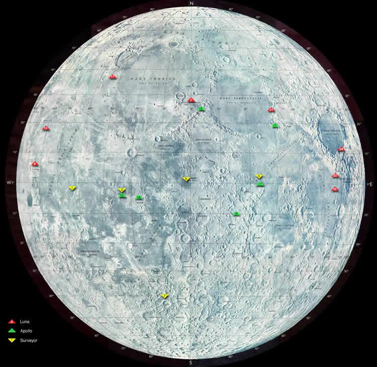 Landing sites of Luna, Surveyor, and Apollo missions