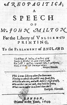 Areopagitica (1644) by the poet John Milton (1608-1674) was a passionate plea for freedom of speech and liberty of conscience. Milton later acted as an apologist for the Commonwealth and Protectorate.