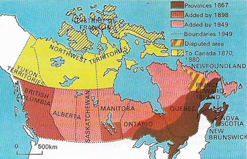 Canada came into being in 1867 with the union of Upper Canada (Ontario), Lower Canada (Quebec), Nova Scotia and New Brunswick. The western lands, bought from the Hudson's Bay Company, were organized as the North-West Territory and governed from Ottawa. Saskatchewan and Alberta were later created out of it. Newfoundland was more attached to Britain than to Canada and stayed separate until 1949.