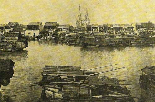 Christian spires dominated the waterfront of Canton, in southern China.