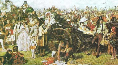 'Derby Day' (1856-1858, detail), by William Powell Frith (1819-1909) follows Hogarth and David Wilkie rather than either the Pre-Raphaelites or the French Realists. Yet it shows a characteristic side of nineteenth century life – its energy and vulgarity – and has the contemporary feel of a magazine illustration.