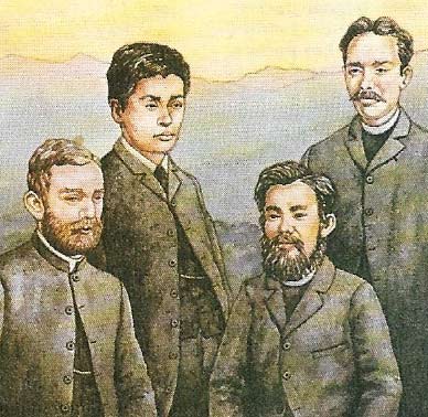 Christianity in Japan arrived with the Portuguese in the mid-16th century, but its presence became a source of suspicion within a few decades. In 1637, many thousands of Christian converts were massacred. Hugh Foss, one of the first missionaries, became Bishop of Osaka in 1899. He is seen here (left) with native clergy.