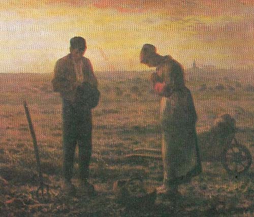 The labors of the fields, previously depicted in pastoral scenes, were treated realistically by Jean Francois Millet. In 'The Angelus' (c. 1858) he added an element of religious sentimentality which made the picture especially popular at that time.