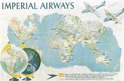 The thirties witnessed a rapid growth in commercial air transport and routes were set up across the world. Imperial Airways, a government-subsidized amalgamation of several privately-owned companies, was established in 1924. One of its main aims was to routes throughout the empire.