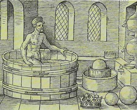 Archimedes in his bath (from a 16th-century engraving) is a reminder of his discovery that a body displaces fluid equivalent to its volume.