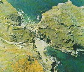 Tintagel Castle, Cornwall, on a superbly defensible headland, was built in its present form in the 12th century. It has been linked with Arthurian legend since the work of Geoffrey of Monmouth, but probably was used in Arthur's day as a Celtic monastery. Mediterranean style pots of the period have been found there.