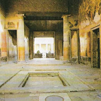The house of Menander at Pompeii was more a country villa than a town house. The main reception room in the center of Roman villas was the atrium, which was luxuriously furnished with tiles, marbles and fresco paintings. In the middle of the floor was the impluvium, a pool into which rainwater fell.