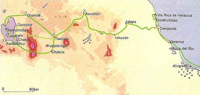 The route of Hernan Cortes