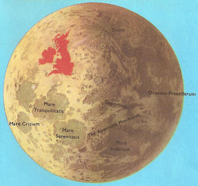 The size of the Moon and the British Isles compared