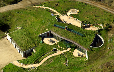 Aerial view of an earth-sheltered house