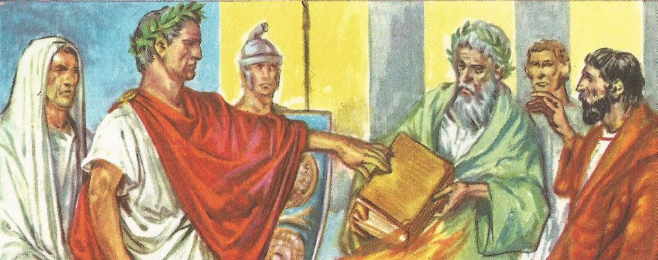 The emperor Augustus, contrary to the wish of Virgil, forbids the burning of the manuscript of the Aeneid