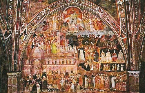 This fresco illustrates the triumph of the Church as seen through the eyes of the late 14th-century Florentine artist Andrea di Buonaiuto.