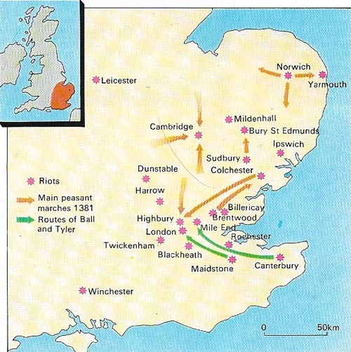 The Peasant's Revolt occurred mainly in the southeast; the rebels in Essex were in touch with those in Kent, from which the main march on London began, and townsmen were involved as much as countrymen.