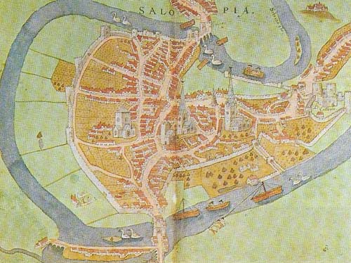 Shrewsbury, on a 16th-century map, appears crowded round its market square.