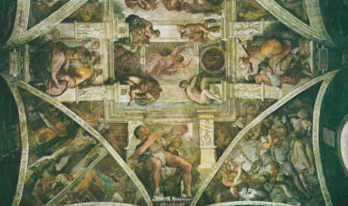 Michelangelo’s painting of the ceiling of the Sistine Chapel on the Vatican was commissioned by Pope Julius II, who asked Michelangelo to paint the 12 Apostles. The artist, of we believe his account, said this was a poor scheme and was given a free hand. The principal figures, on the supports of the dome, are 7 prophets and 5 sibyls, representing revelation to Jews and Gentiles. Down the center is a sequence of 9 Old Testament subjects, from the Creation (shown here) over the altar to the Drunkenness of Noah, illustrated an epoch of religious history not previously represented in the chapel. The first half was unveiled in August 1512; this second part was completed a year later. 