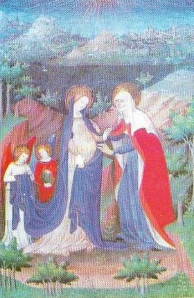 'The Visitation' from the Boucicaut Hours (c. 1405) is a narrative scene surrounded by a foliate border.