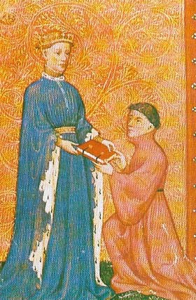 Thomas Hoccleve (c. 1370-c. 1450) is shown presenting his book, Regiment of Princes to the Prince of Wales, who later became Henry V.