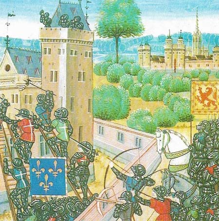 Scottish troops and their French allies are shown here attacking Wark Castle in 1385, one of the lesser English Border Castles.