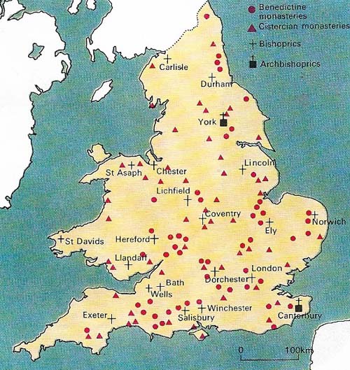 Monasteries were found in almost every part of England.
