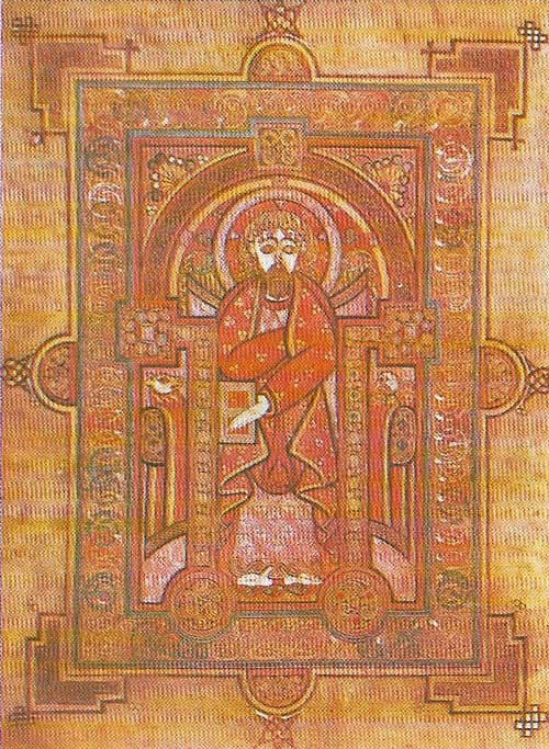 In the Book of Kells, St Matthew is surrounded by decorated panels and motifs, which were familiar from the art of Ireland's pagan past.