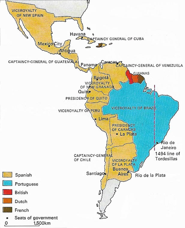 On the eve of the wars of Independence (c. 1800) Latin America was divided between Spain and Portugal.