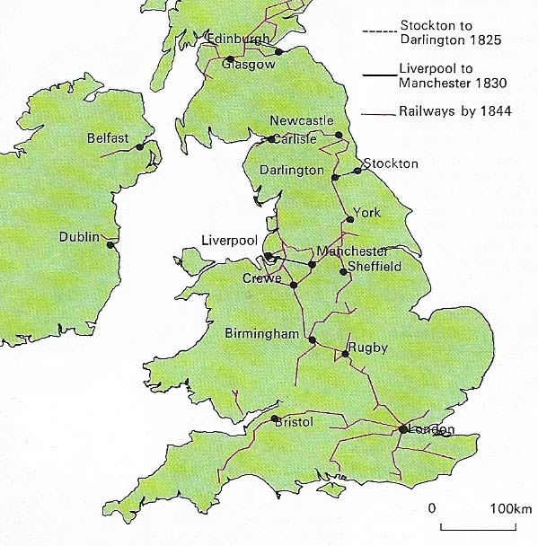 The map shows the routes of the earliest railways in Britain, initiated by the opening in 1825 of the famous Stockton-Darlington railway.