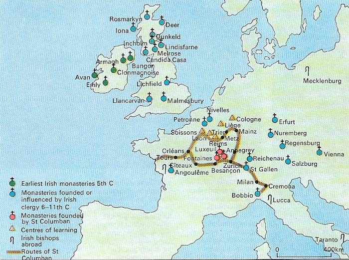 St Columba founded his monastery in Iona in AD 563. He was the first of numerous missionaries and scholars who, as shown on the map, established centers of sanctity and learning in Western Europe.